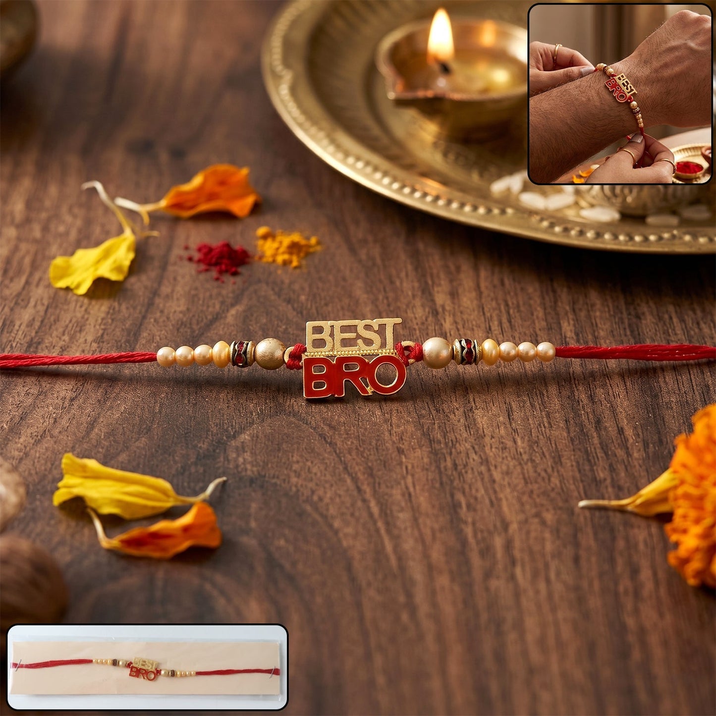 Designer pearl beads Rakhi with red thread for Rakshabandhan