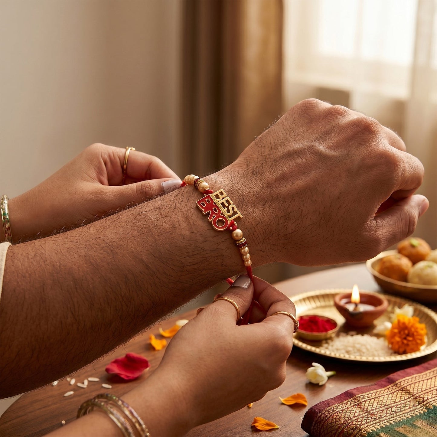Close-up of pearl beads on stylish Rakhi for brothers