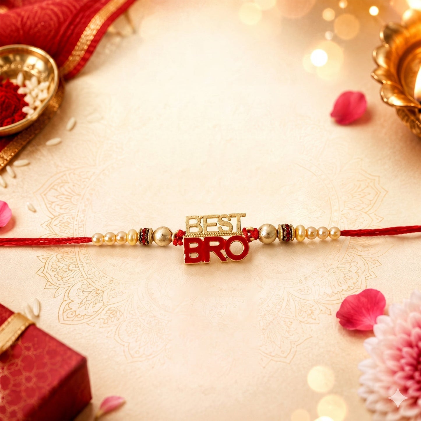 Red thread and pearl bead details on designer Rakhi