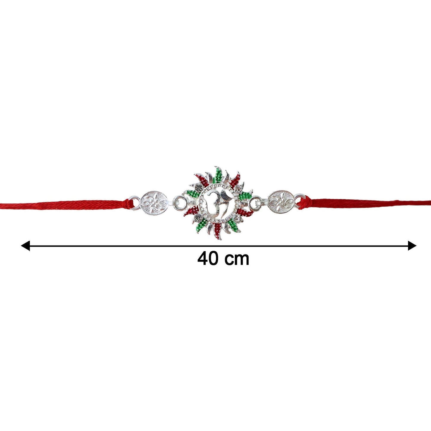 Close-up of Om design and red thread on rakhi, traditional and beautiful