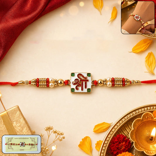 Shree Designer Rakhi with beads and red thread front view