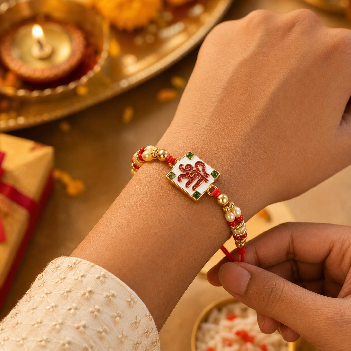 Close-up of beads and red thread on Rakhi