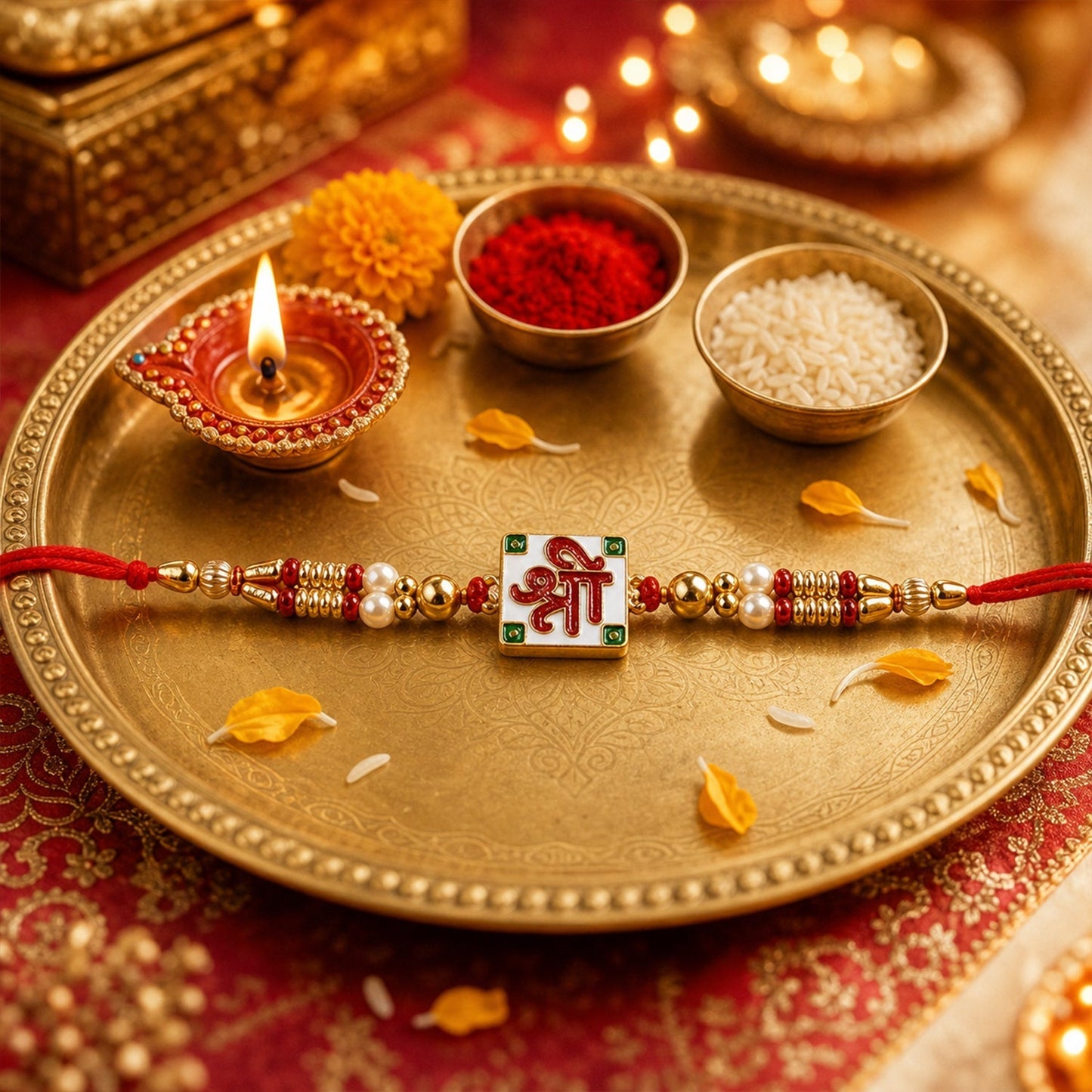 Red thread and bead details on Rakhi