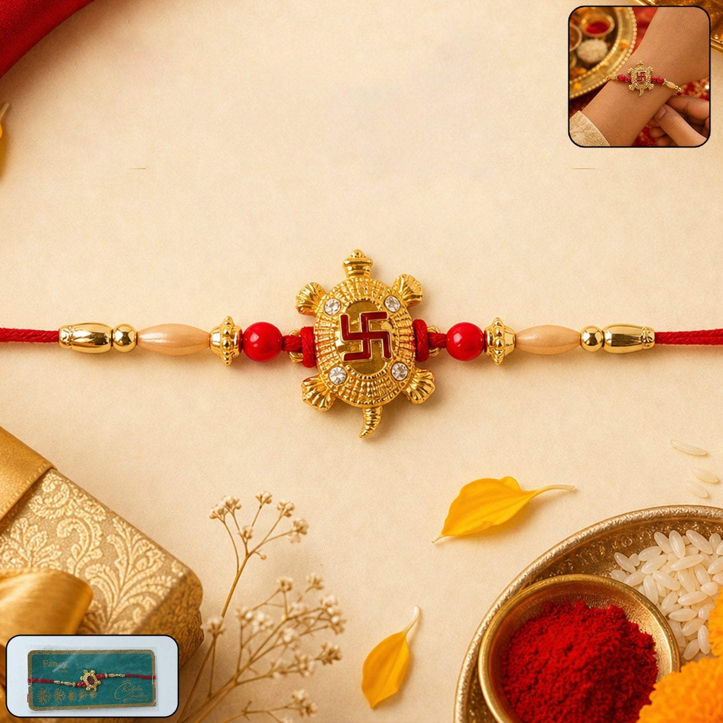 Close-up of Turtle Swastik designer rakhi with red thread