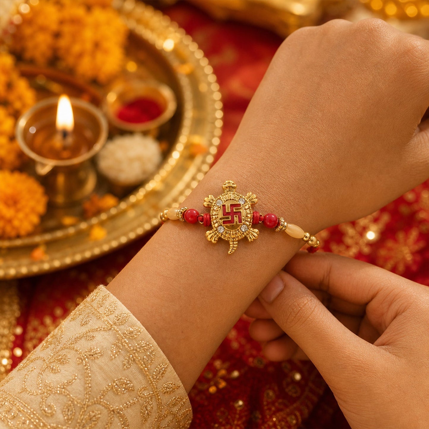 Designer rakhi showcasing Turtle Swastik motif on red thread