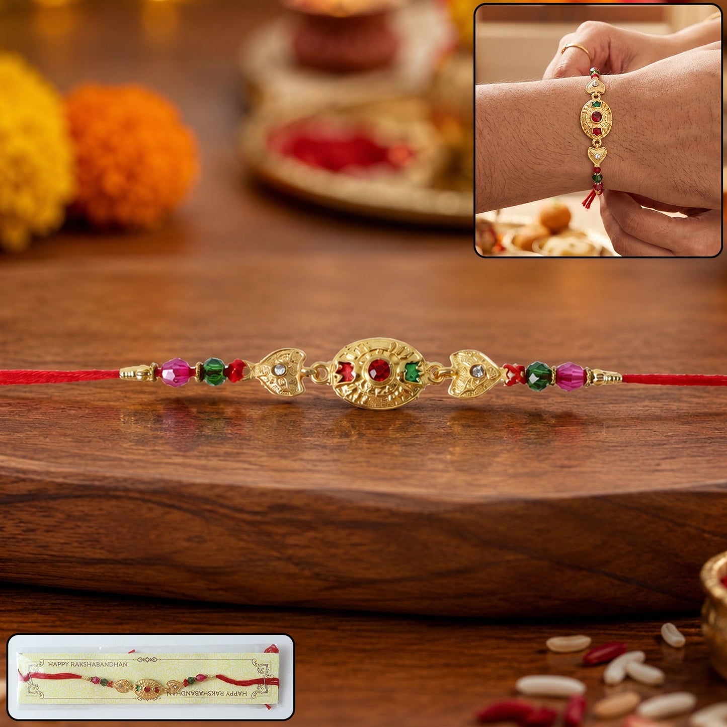 Gold stone designer rakhi with color beads, front view