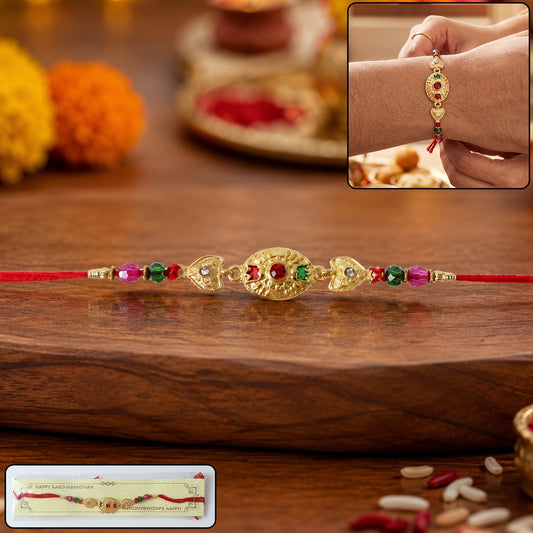 Gold stone designer rakhi with color beads, front view