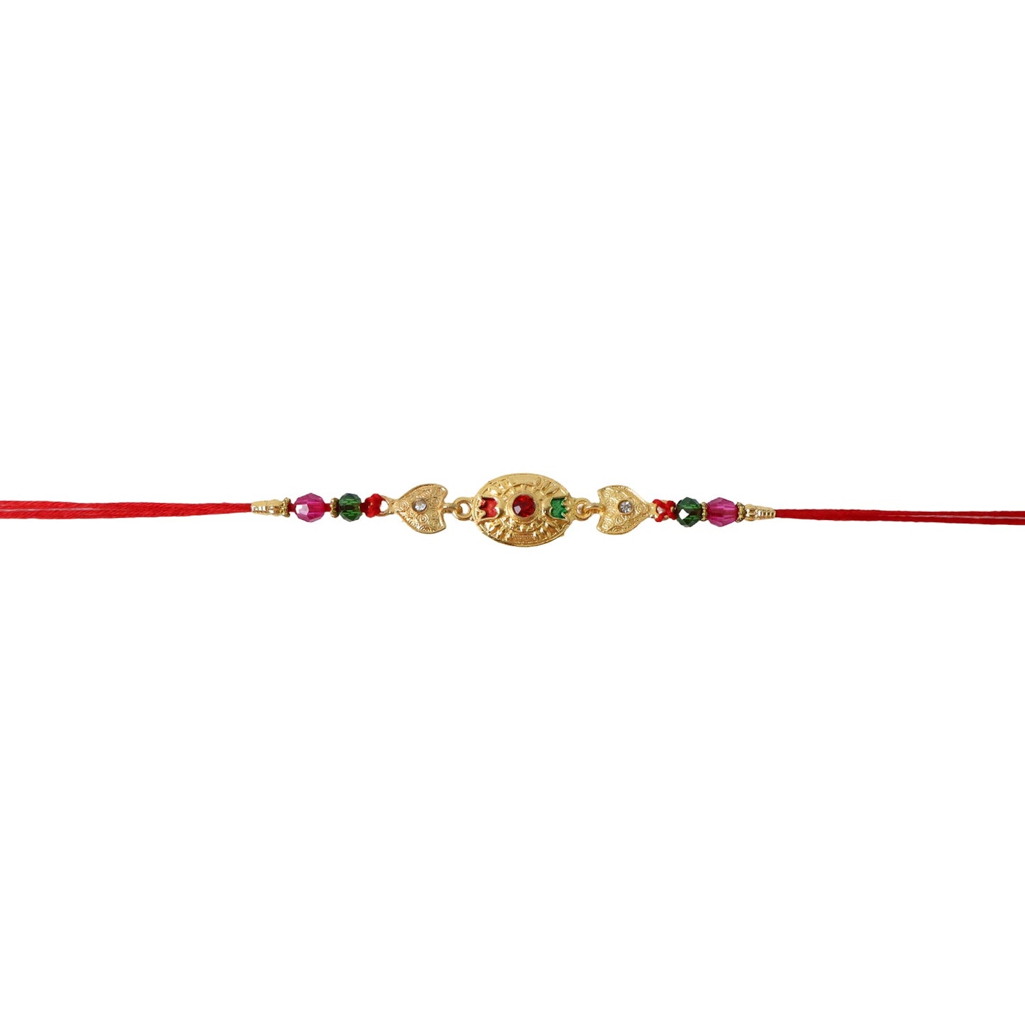 Rakhi tied on thread showcasing gold stone and beads