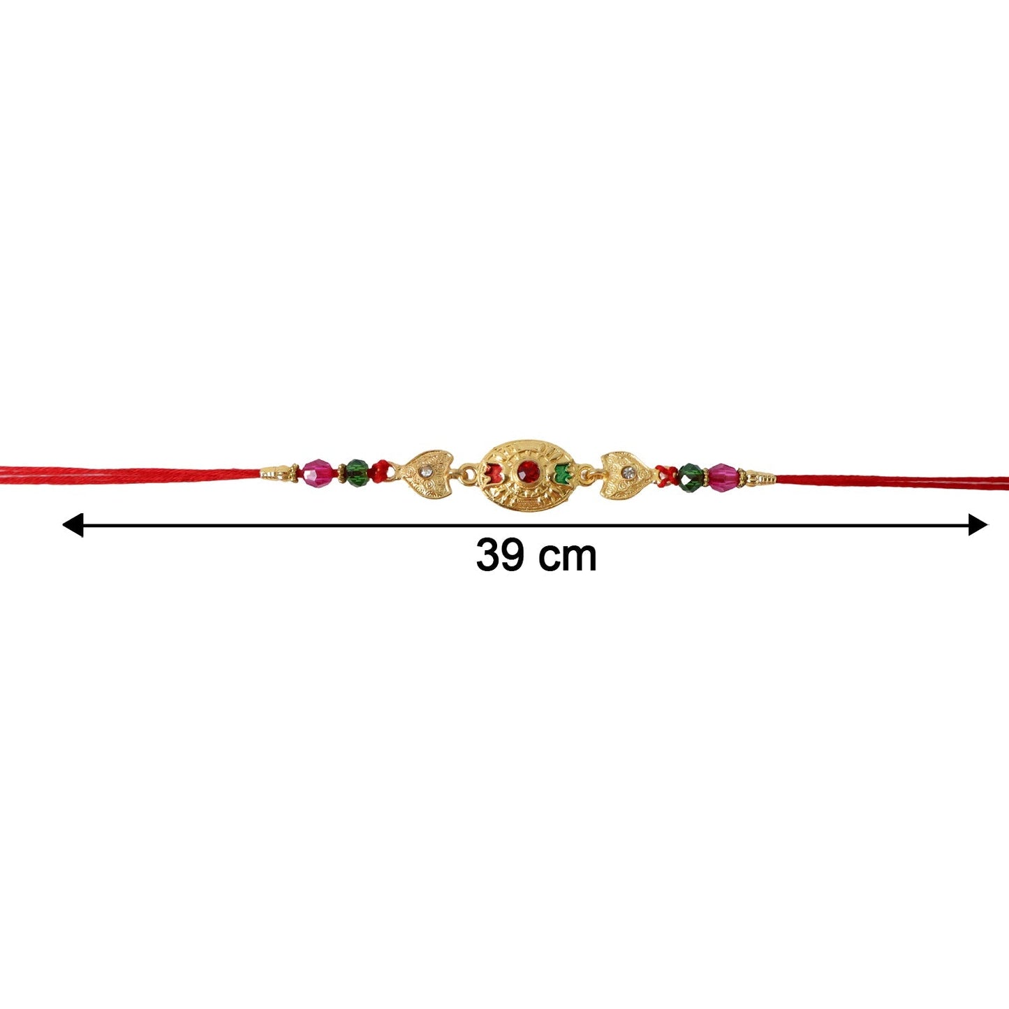 Colorful bead arrangement on gold stone rakhi