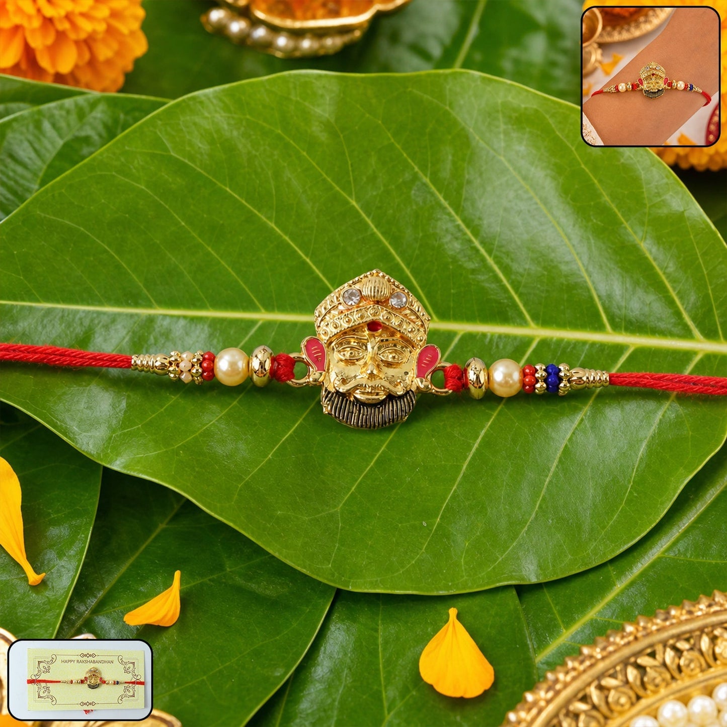 Traditional beads designer rakhi with red thread, front view