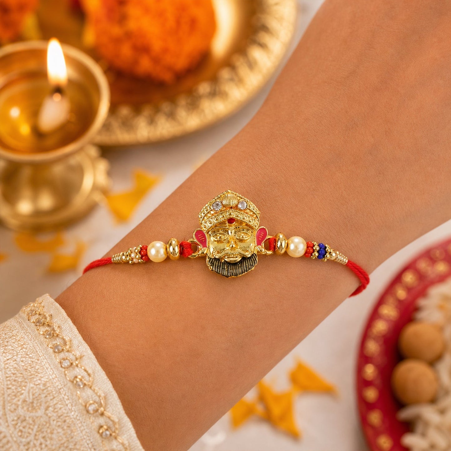 Detailed beadwork and vibrant design on a traditional rakhi