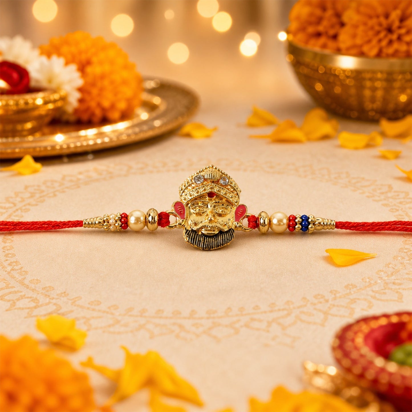 Close-up of red thread and beads on traditional rakhi