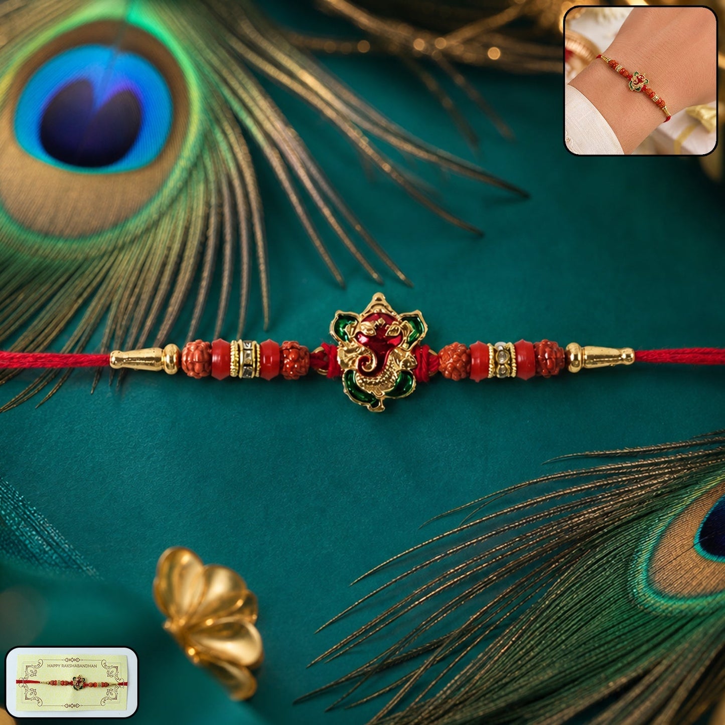Ganesh Designer Rakhi with Rudraksha Beads on white background