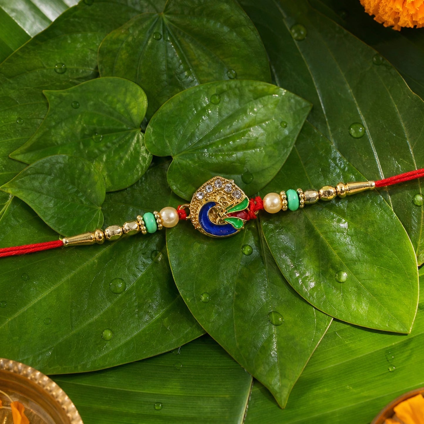 Peacock Rakhi tied with red thread and pearl beads
