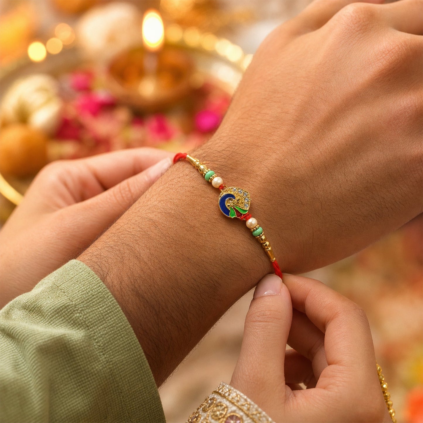 Close-up of peacock motif and pearl beads on Rakhi