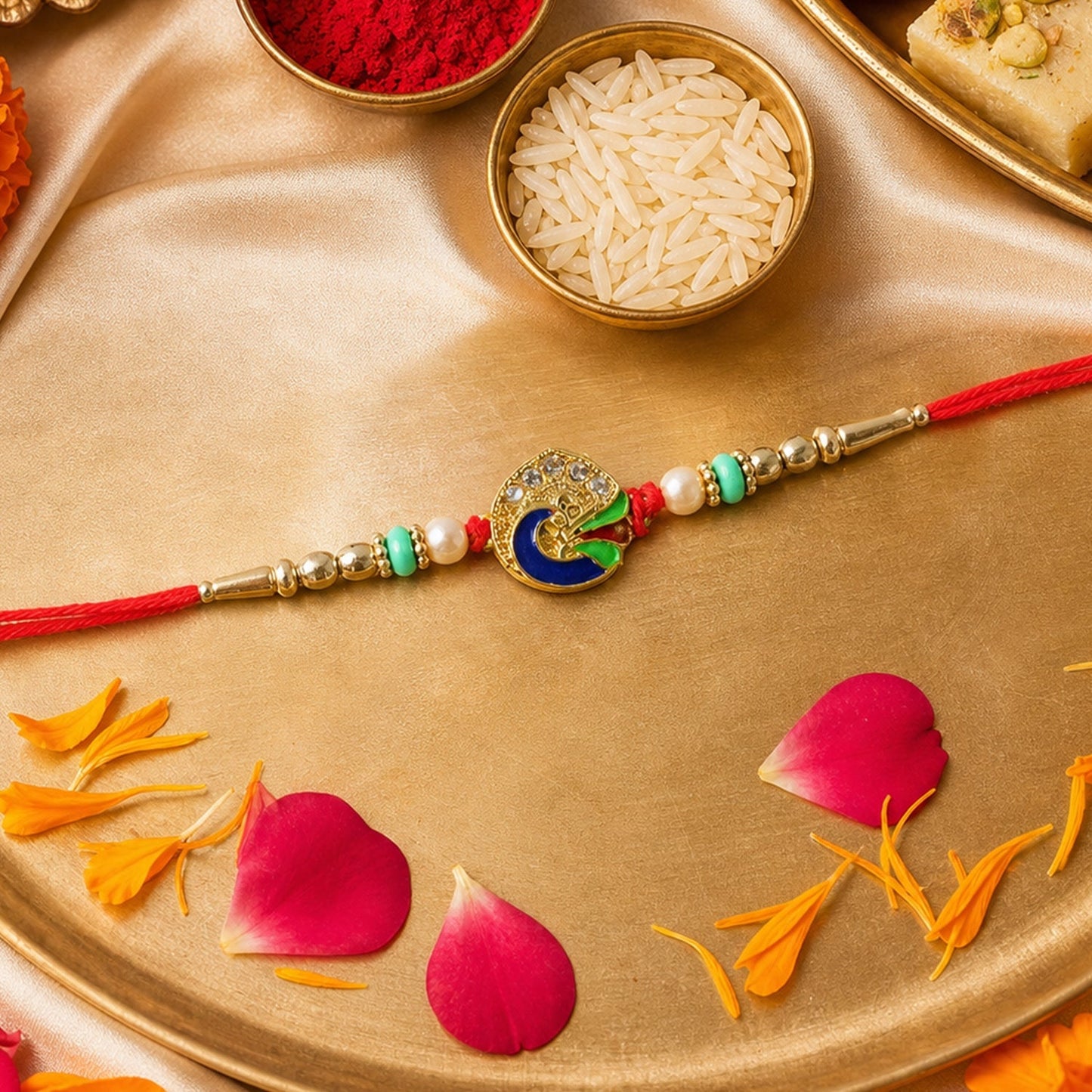 Top view of detailed peacock Rakhi design