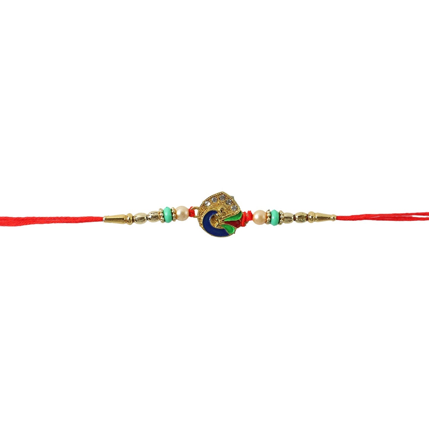 Peacock Rakhi with pearl beads on festive background