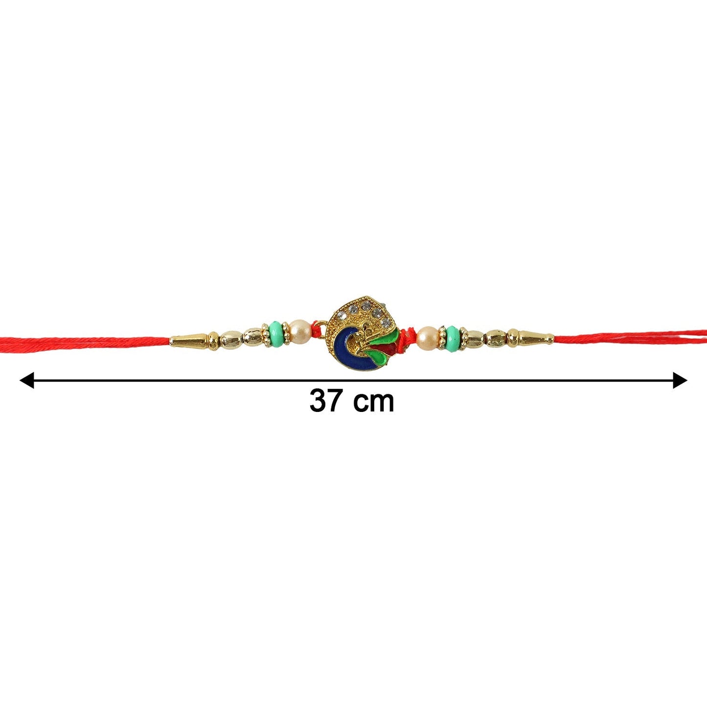 Side view of peacock Rakhi with pearl beads and red thread