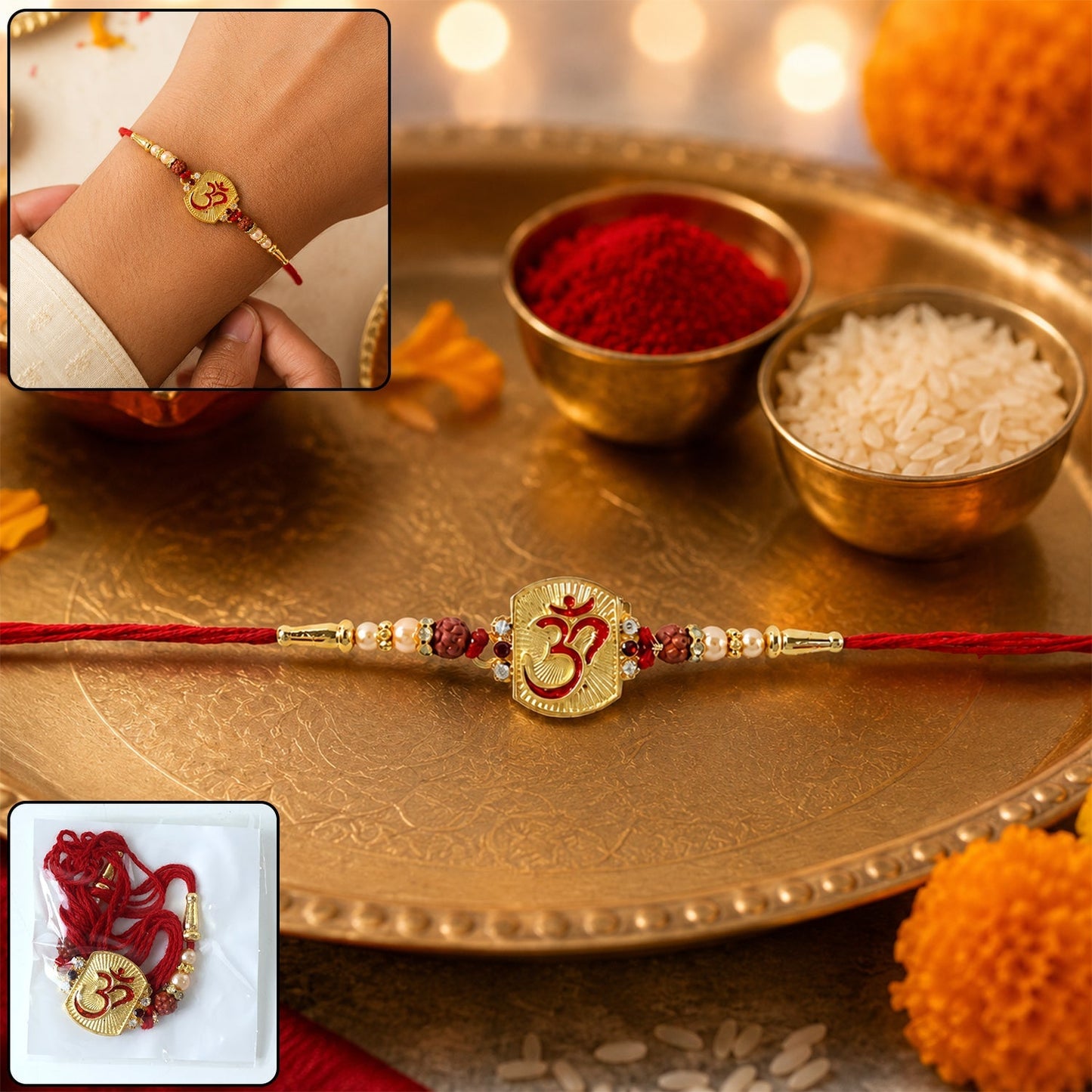 Close-up of Om Designer Rakhi with Rudraksha Beads showcasing intricate design