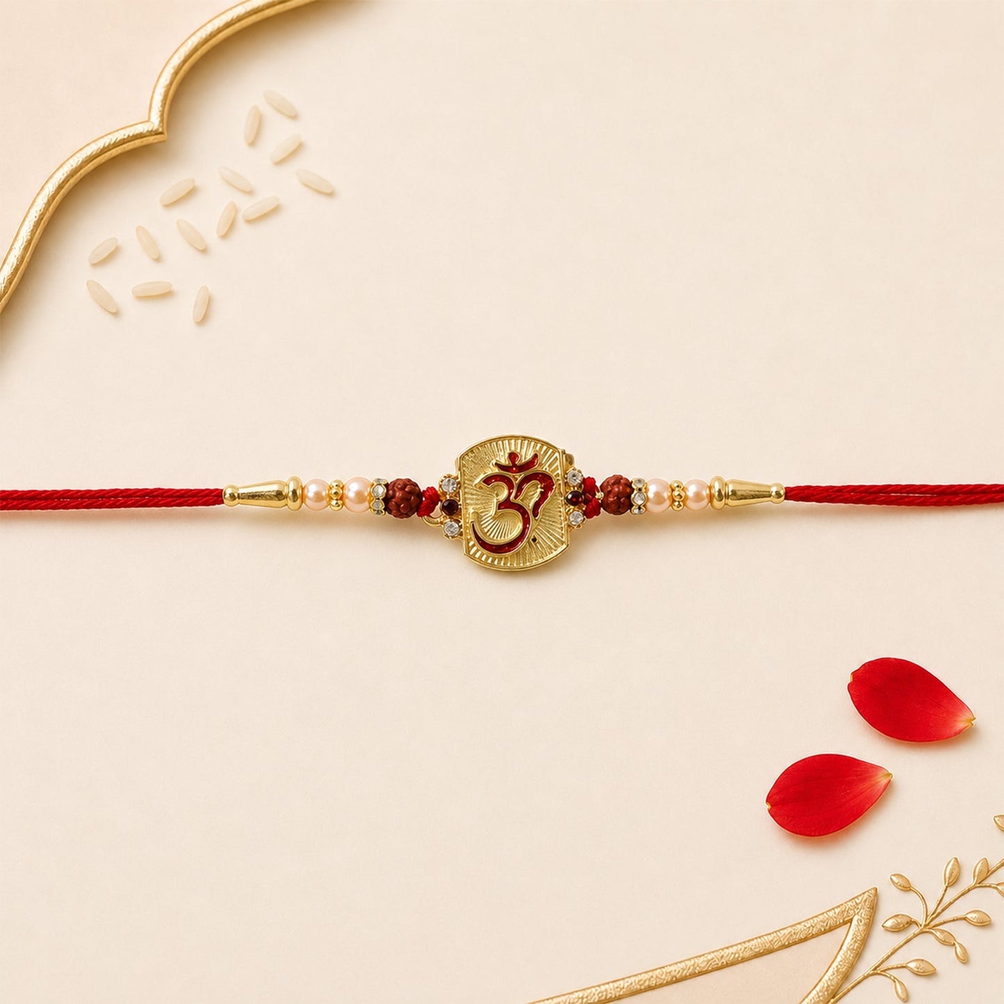 Side angle of Rudraksha Beads Rakhi displaying craftsmanship