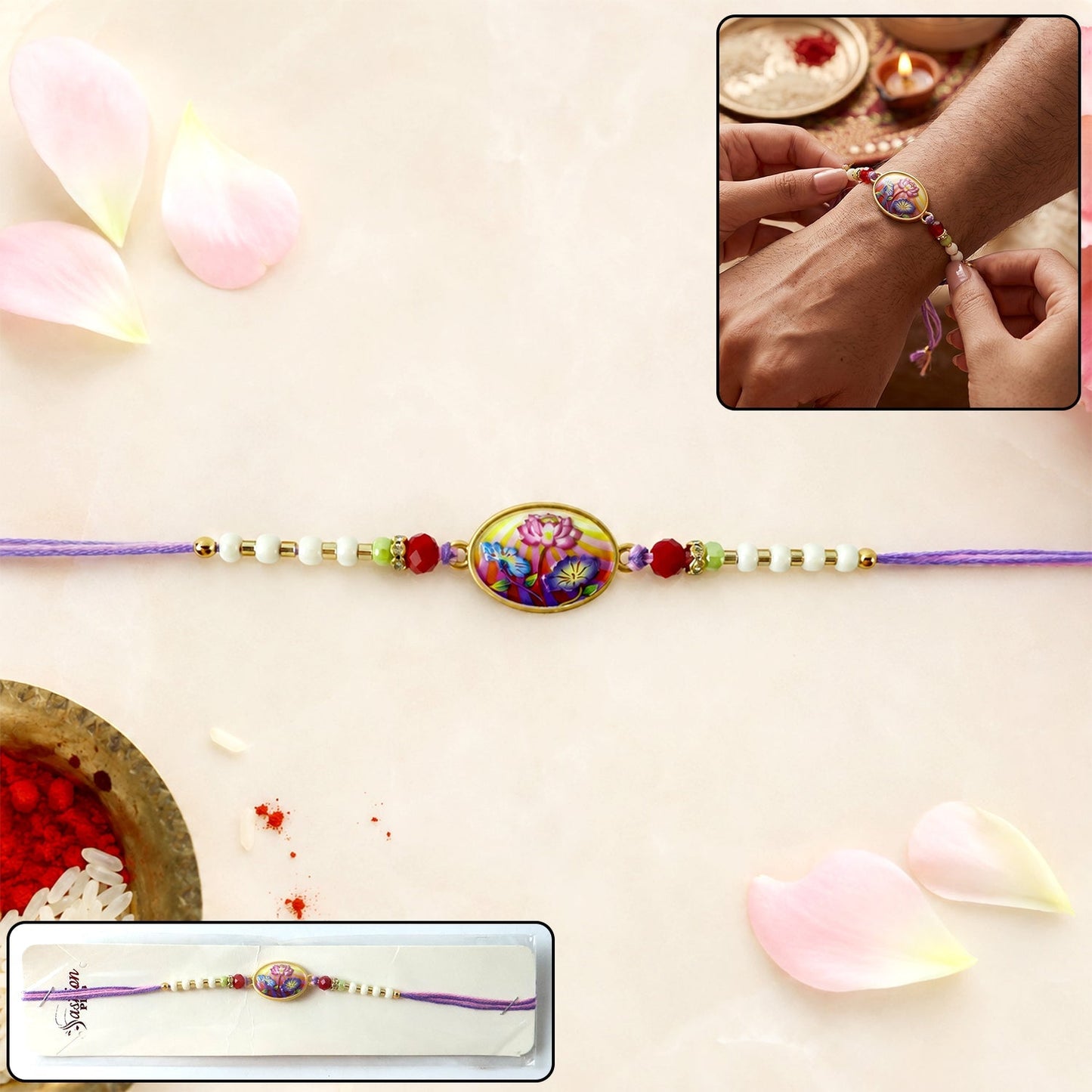 Floral designer Rakhi with purple thread on white background