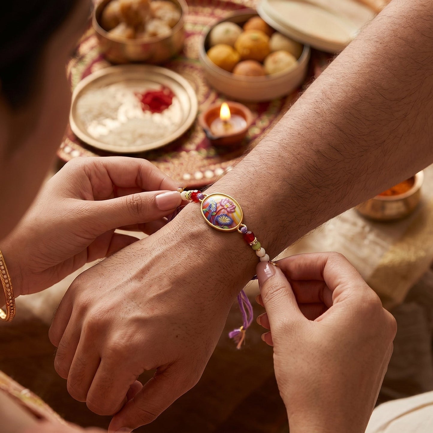 Close-up of floral designer Rakhi showing detailed purple thread