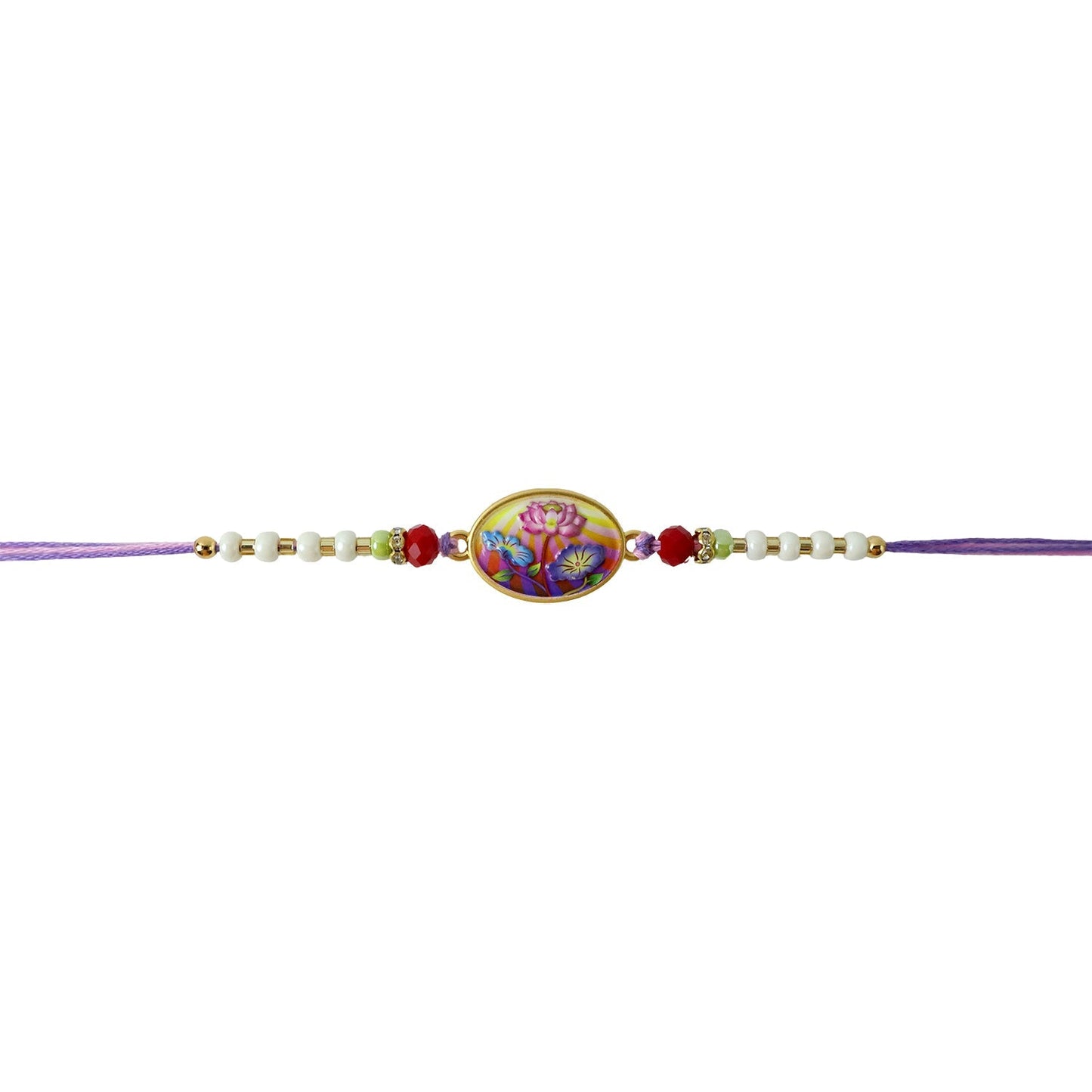 Rakhi tied and ready to wear with floral design and purple thread