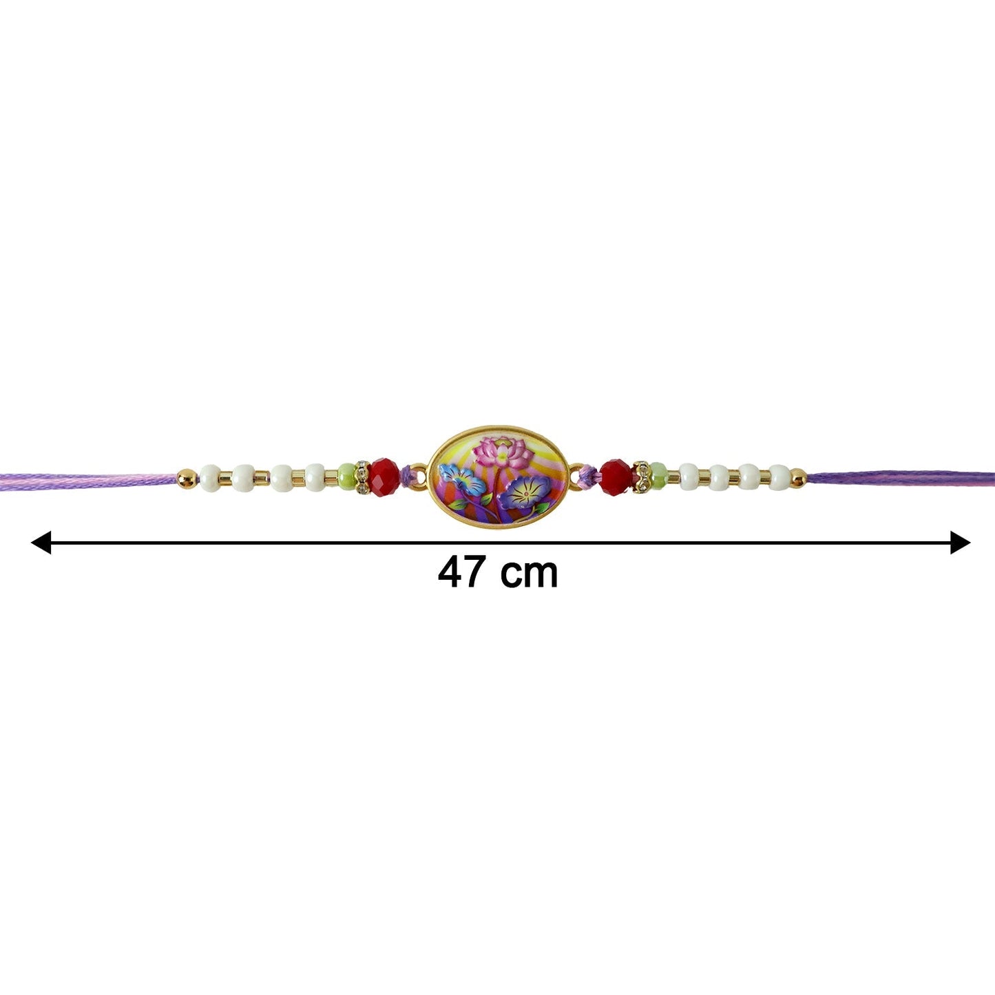 Decorative floral pattern on Rakhi with purple thread
