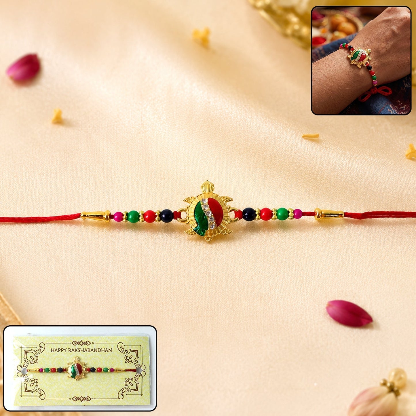 Turtle Designer Rakhi with Stone Work and Red Thread - Front View