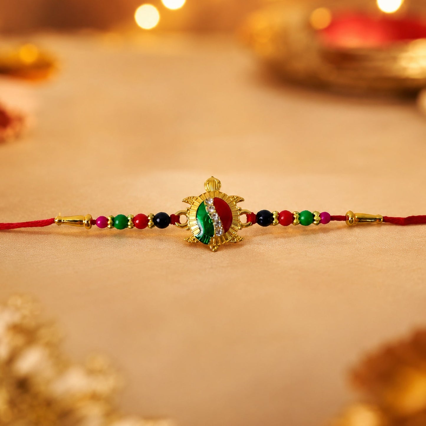 Side view of Turtle Designer Rakhi Stone Work