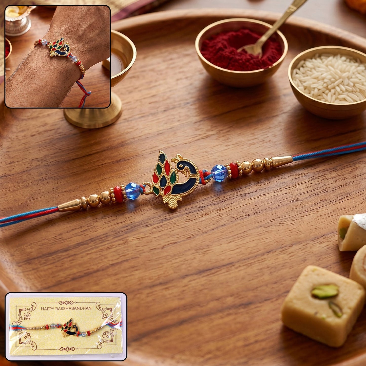 Peacock designer rakhi featuring colorful beads on a thread