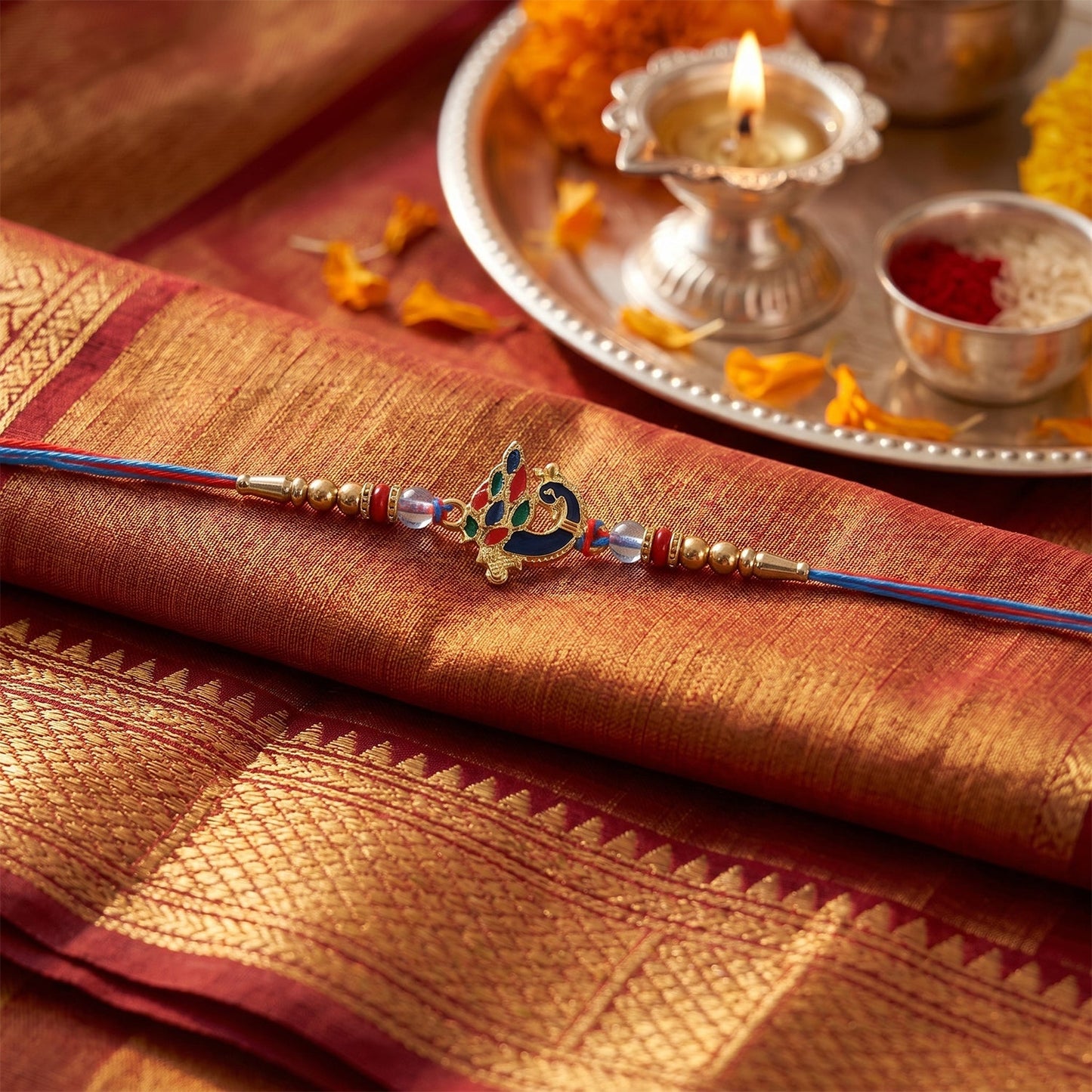 Traditional peacock rakhi tied on thread, detailed design