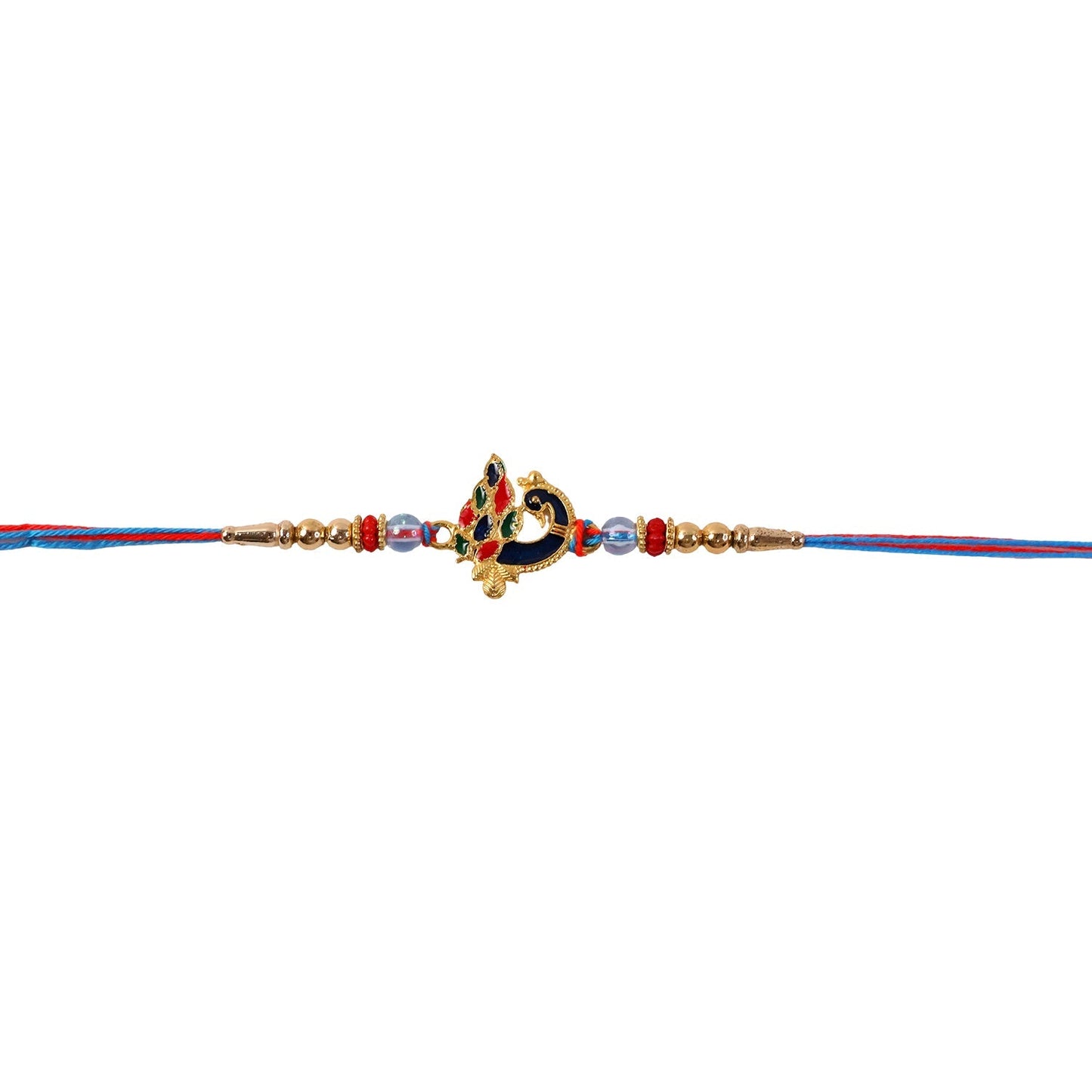 Side angle view of peacock beaded rakhi