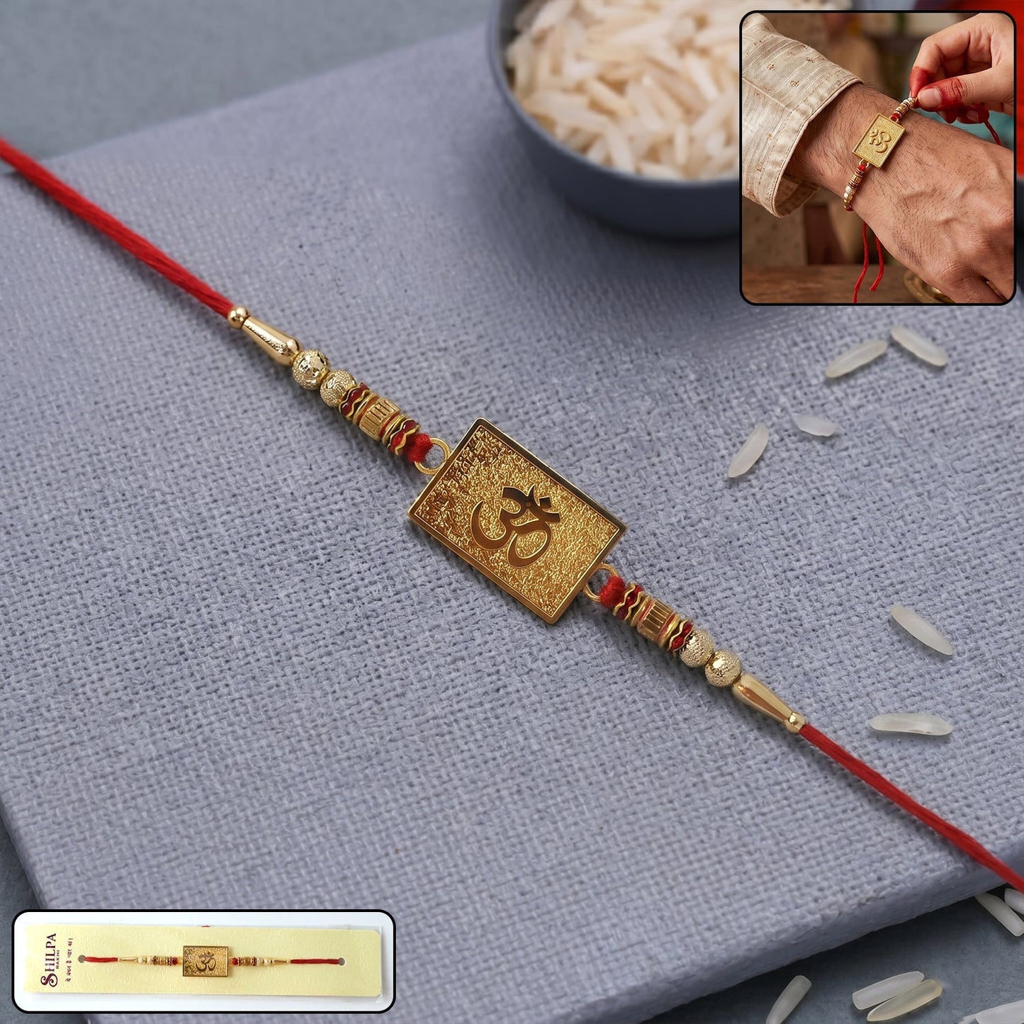 Om designer rakhi with gold plate and red thread front view