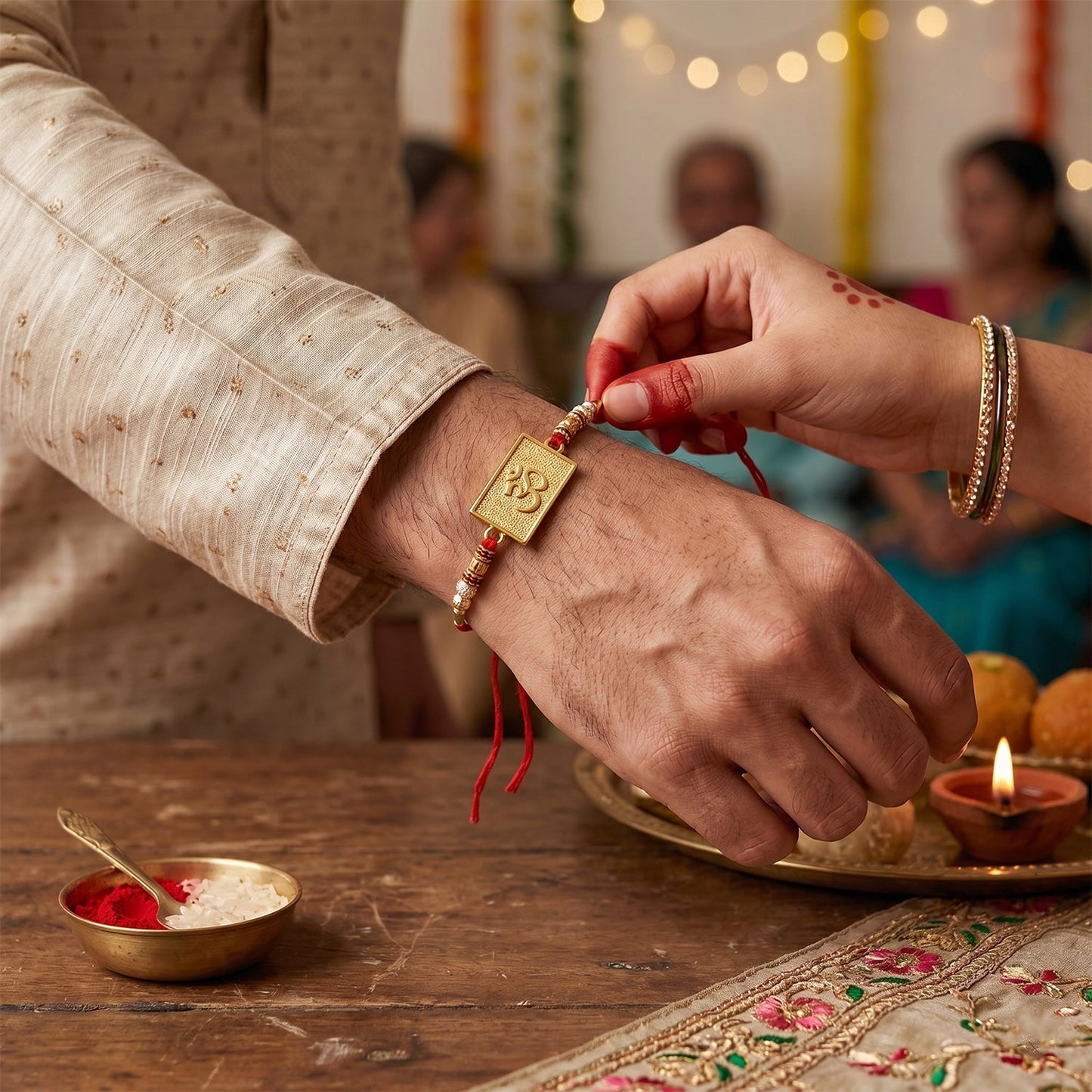 Close-up of Om symbol on gold plated rakhi