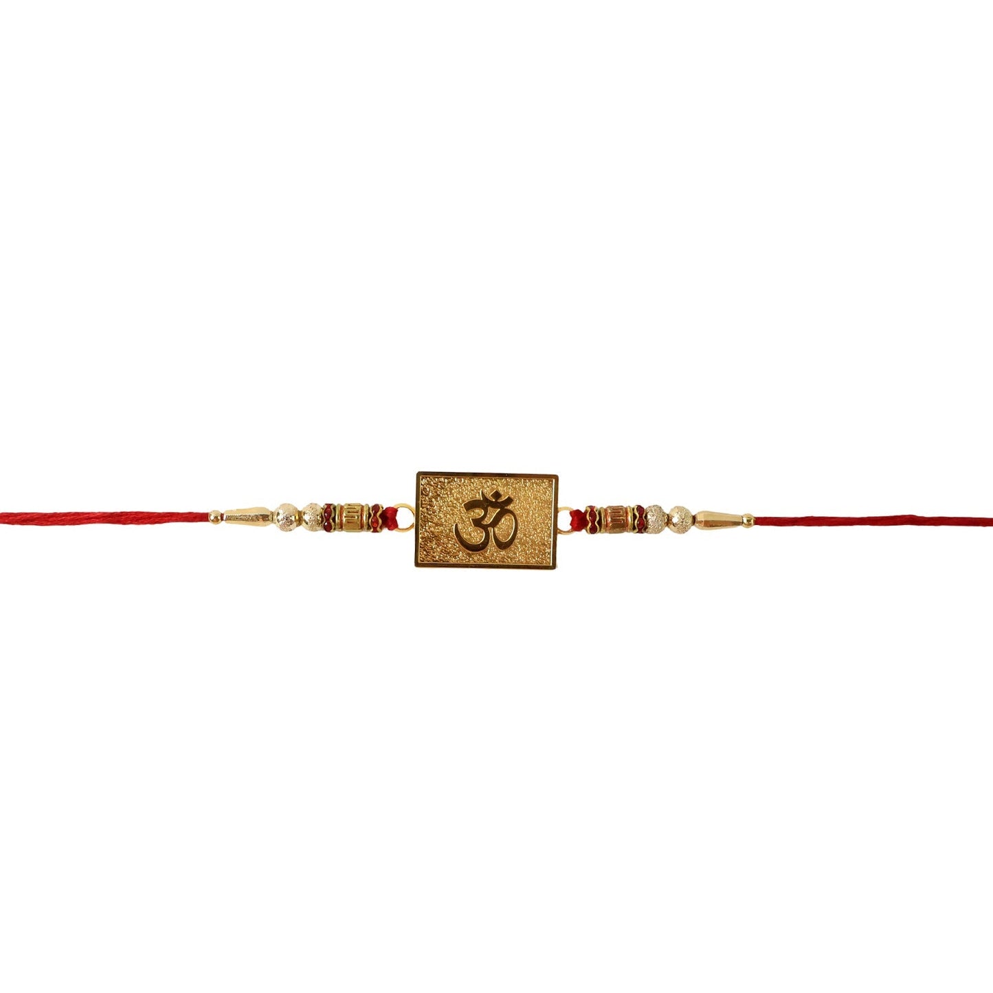 Gold detailing and red thread on Om rakhi
