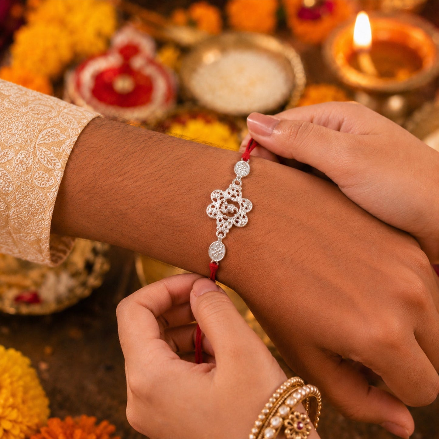 Angled view of Silver floral Om Rakhi with red thread