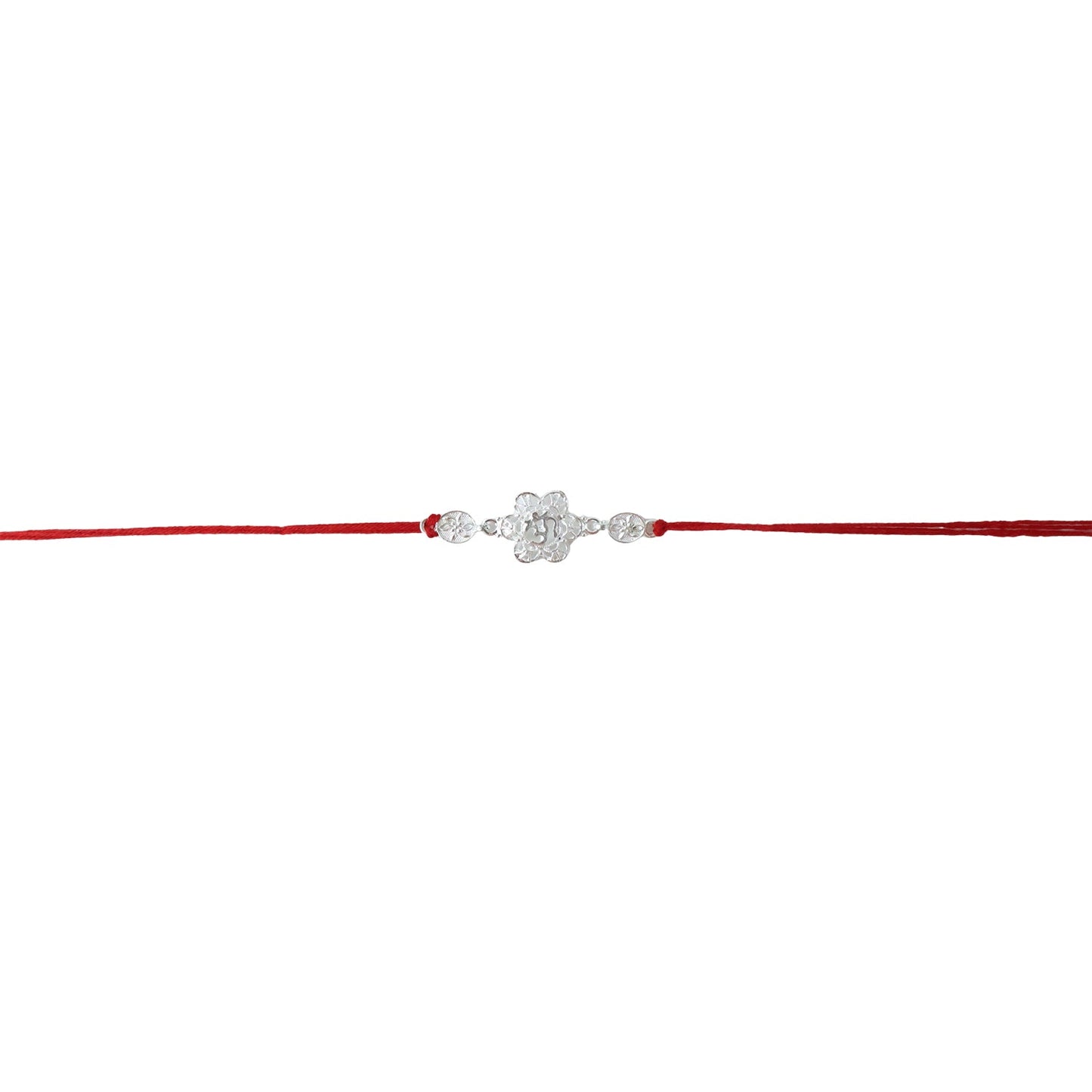 Silver Om Rakhi showing floral details with red thread
