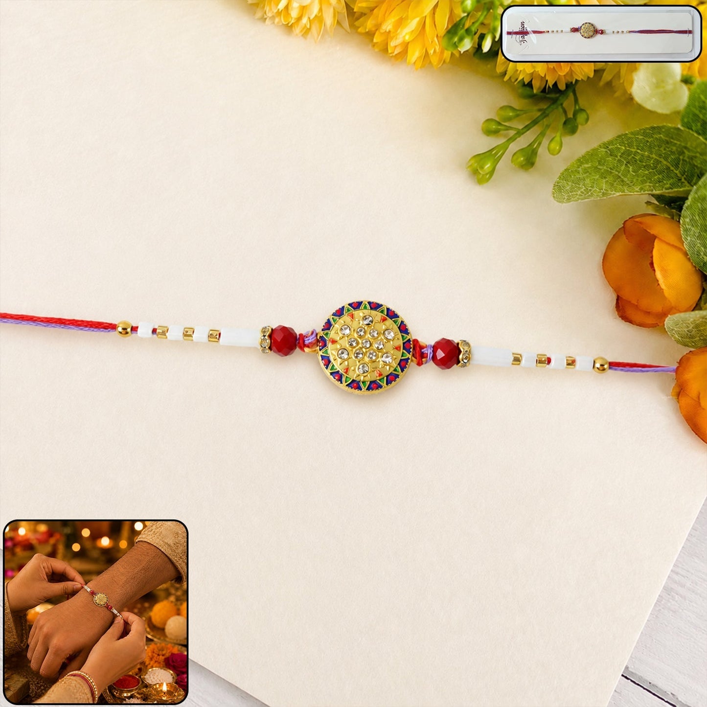 Elegant round stone Rakhi with white beads, front view