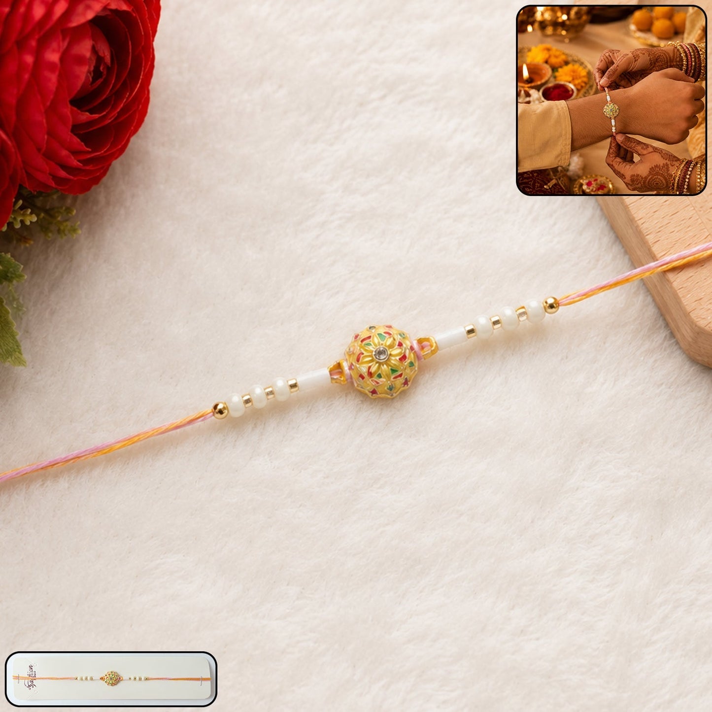 Close-up of a Floral Rakhi featuring white beads on a brother's wrist.