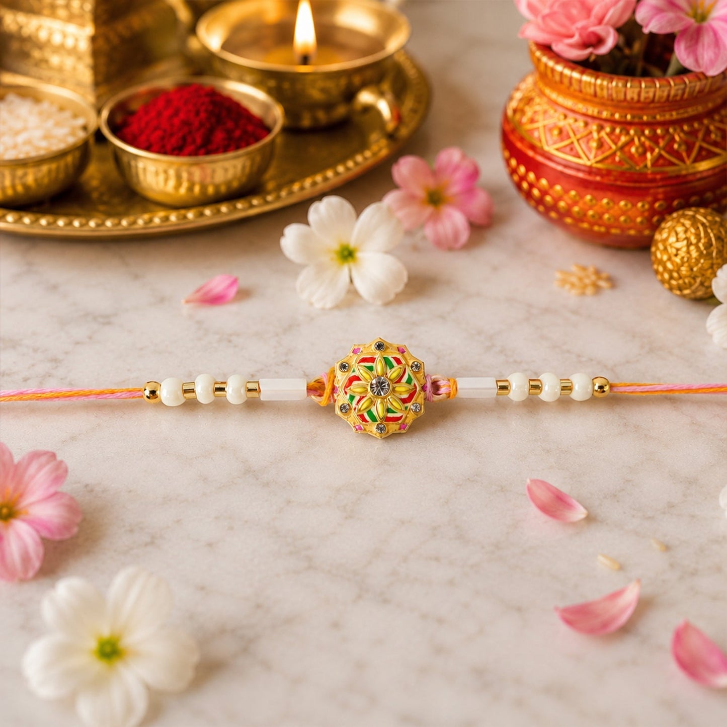 Side profile of the elegant round Floral Rakhi highlighting its design.