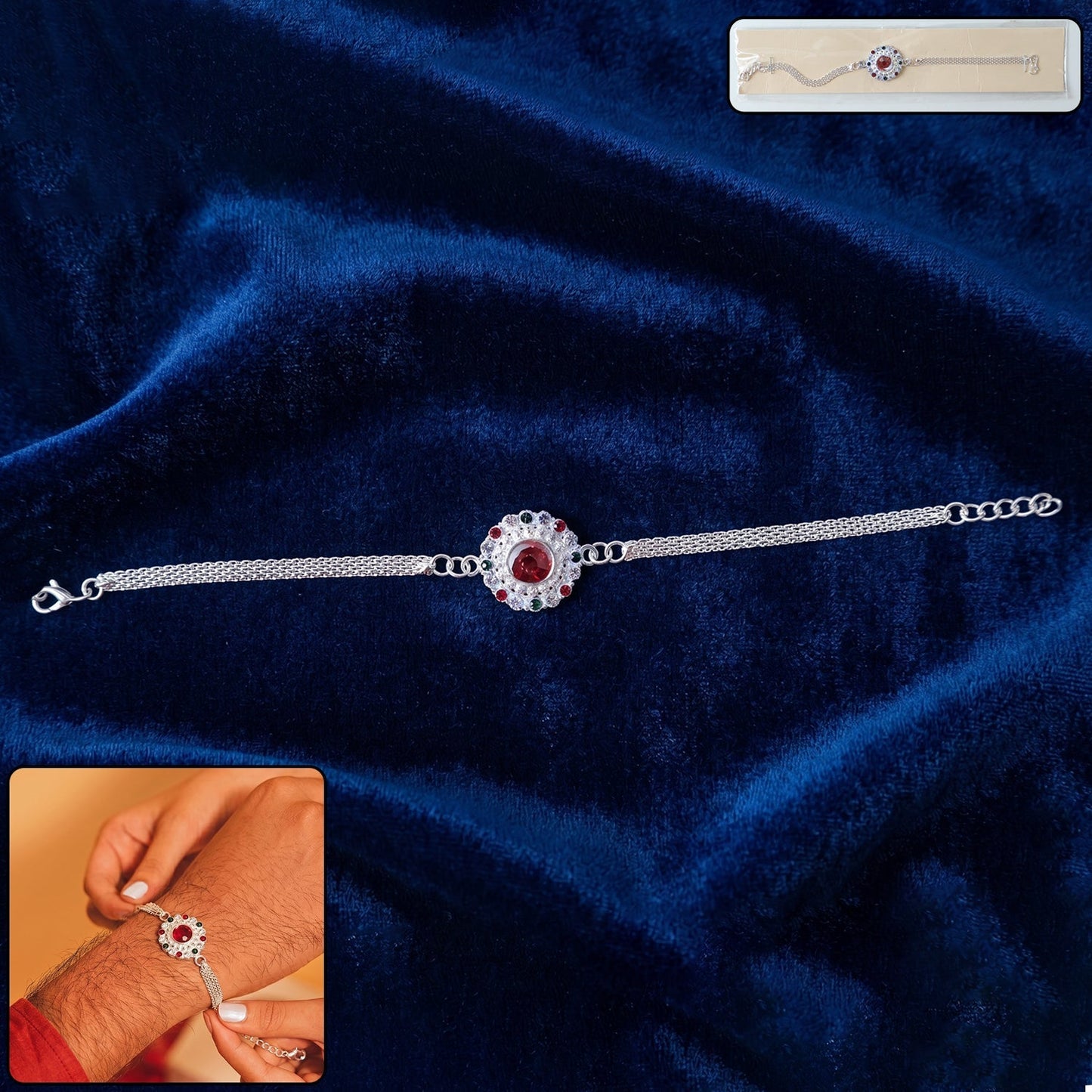 Close-up of Silver Stone Chain Rakhi featuring a dazzling red center stone.
