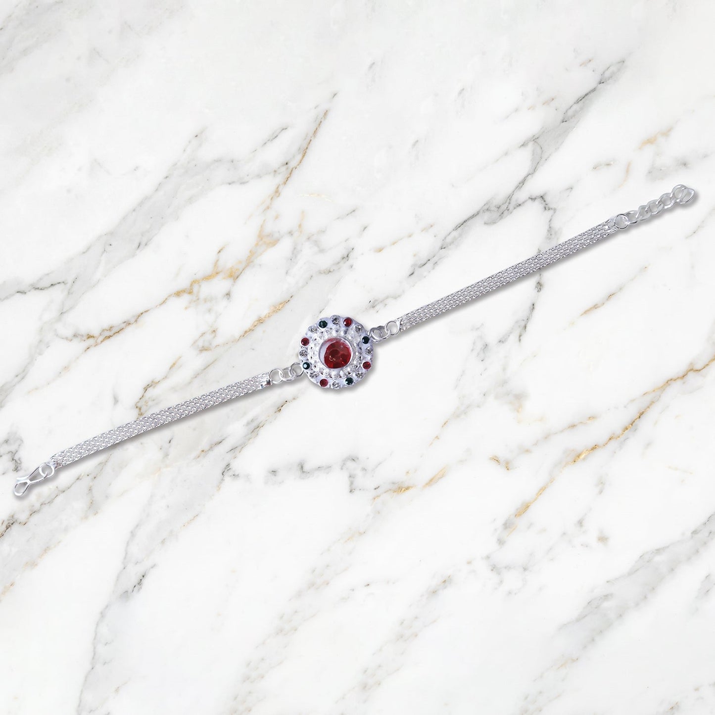 Vibrant red center stone detail on a stylish Silver Stone Chain Rakhi.