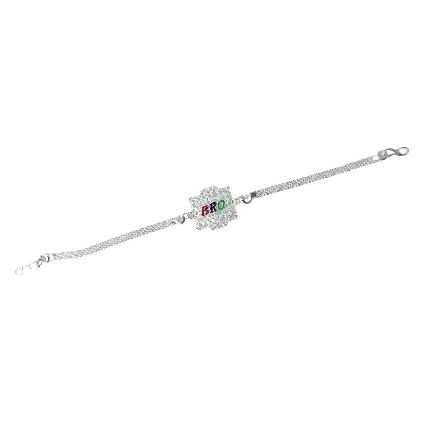 Detailed view of the Silver Rakhi's distinctive square pattern and threadwork.