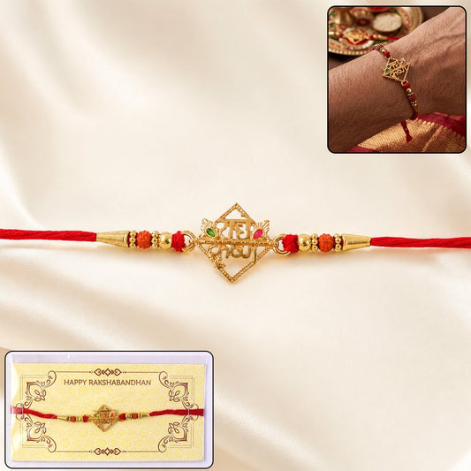 Radhe Krishna designer rakhi with red thread, front view, festive design