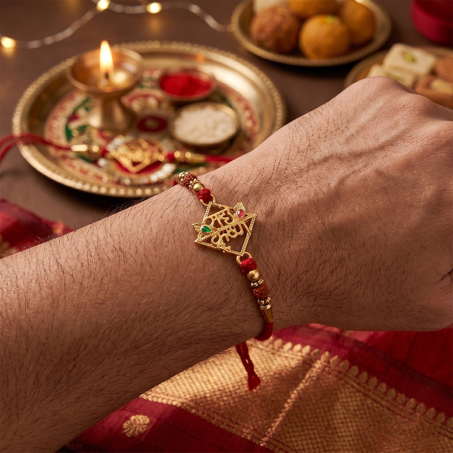 Radhe Krishna rakhi tied on wrist, showcasing design