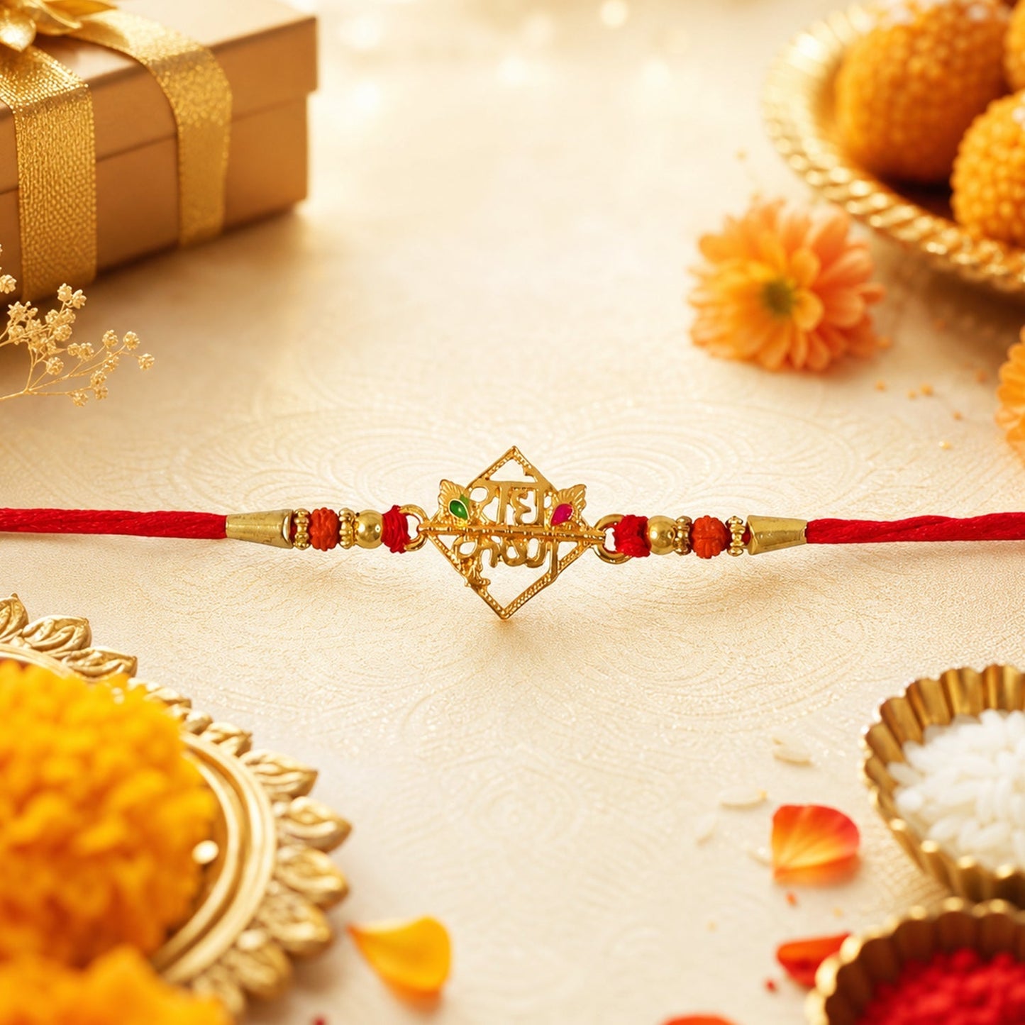 Designer rakhi showing red thread and ornamental elements