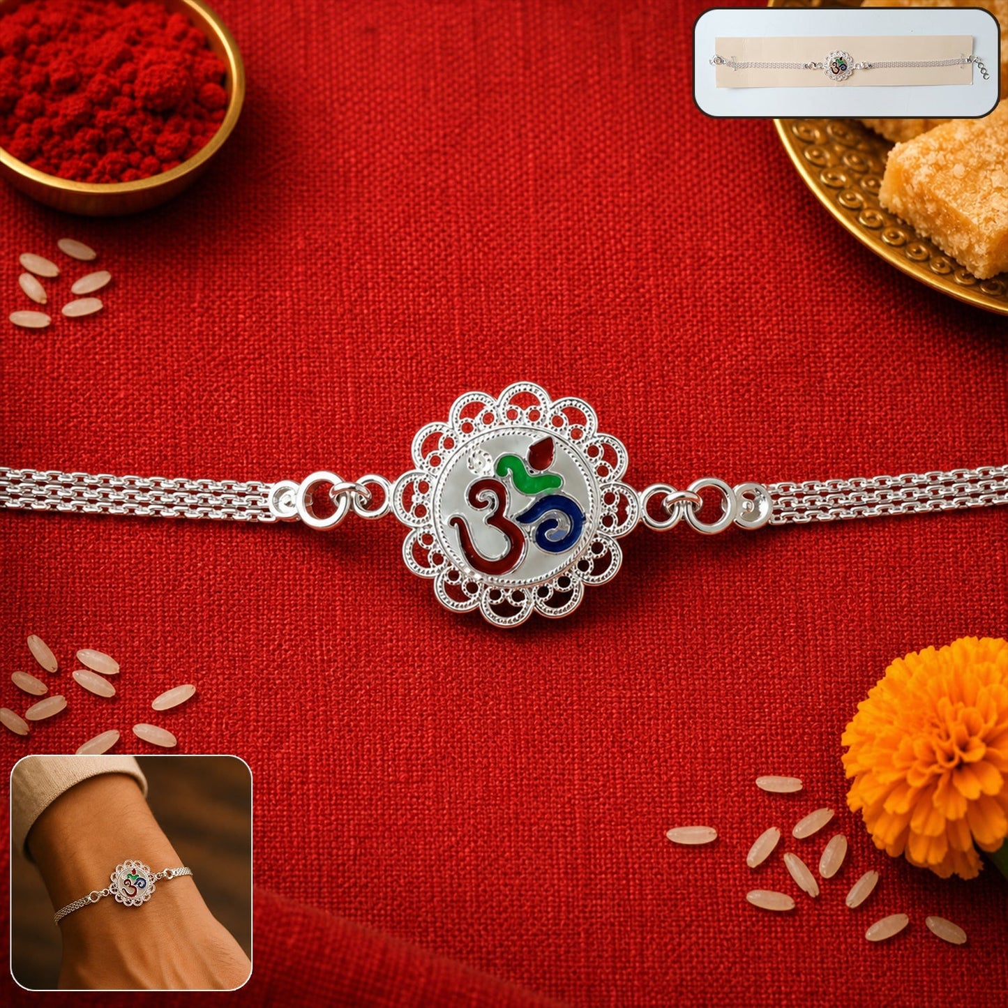 Close-up of elegant silver Om chain Rakhi with intricate detail
