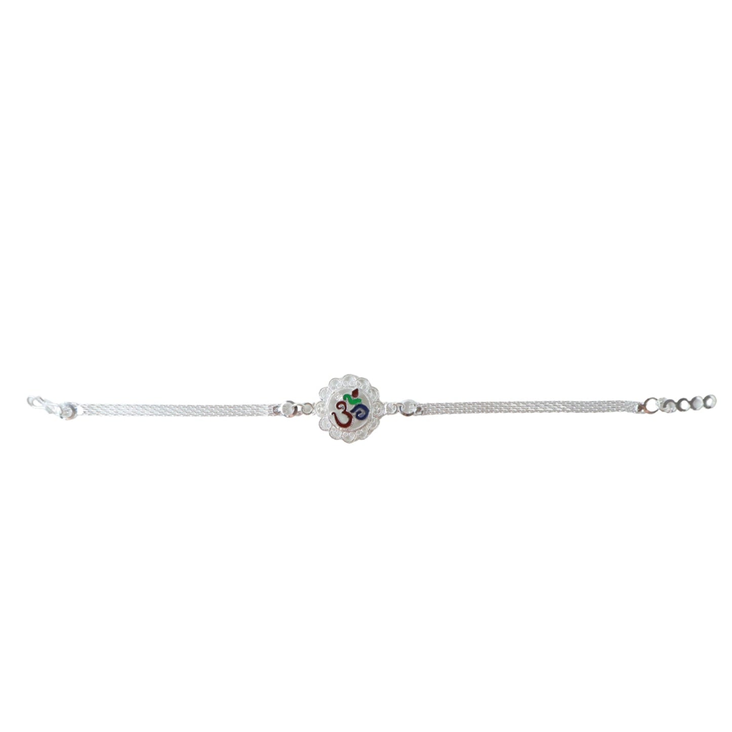 Modern silver Om chain Rakhi, suitable for all ages
