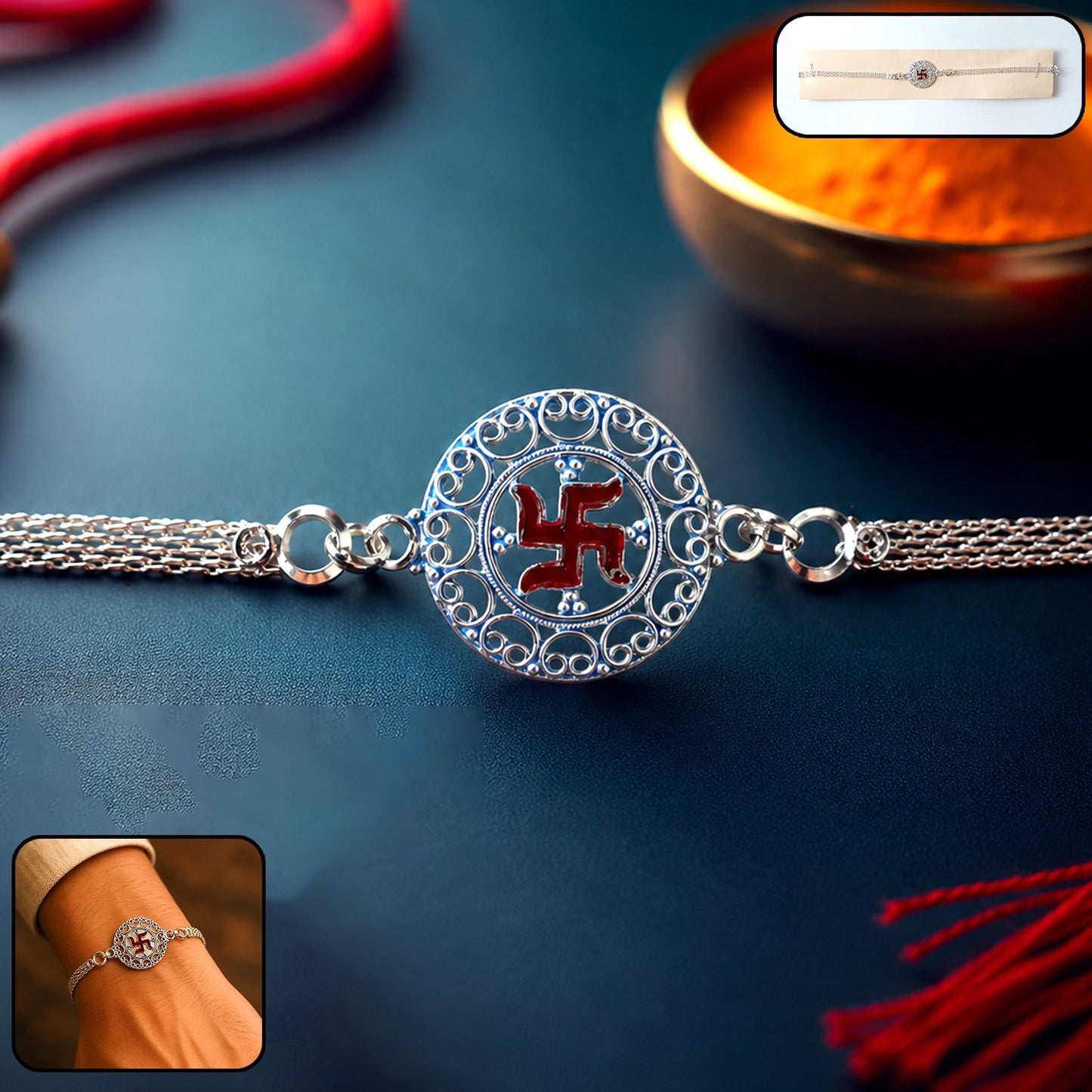 Elegant Silver Swastik Chain Rakhi with round designer motif
